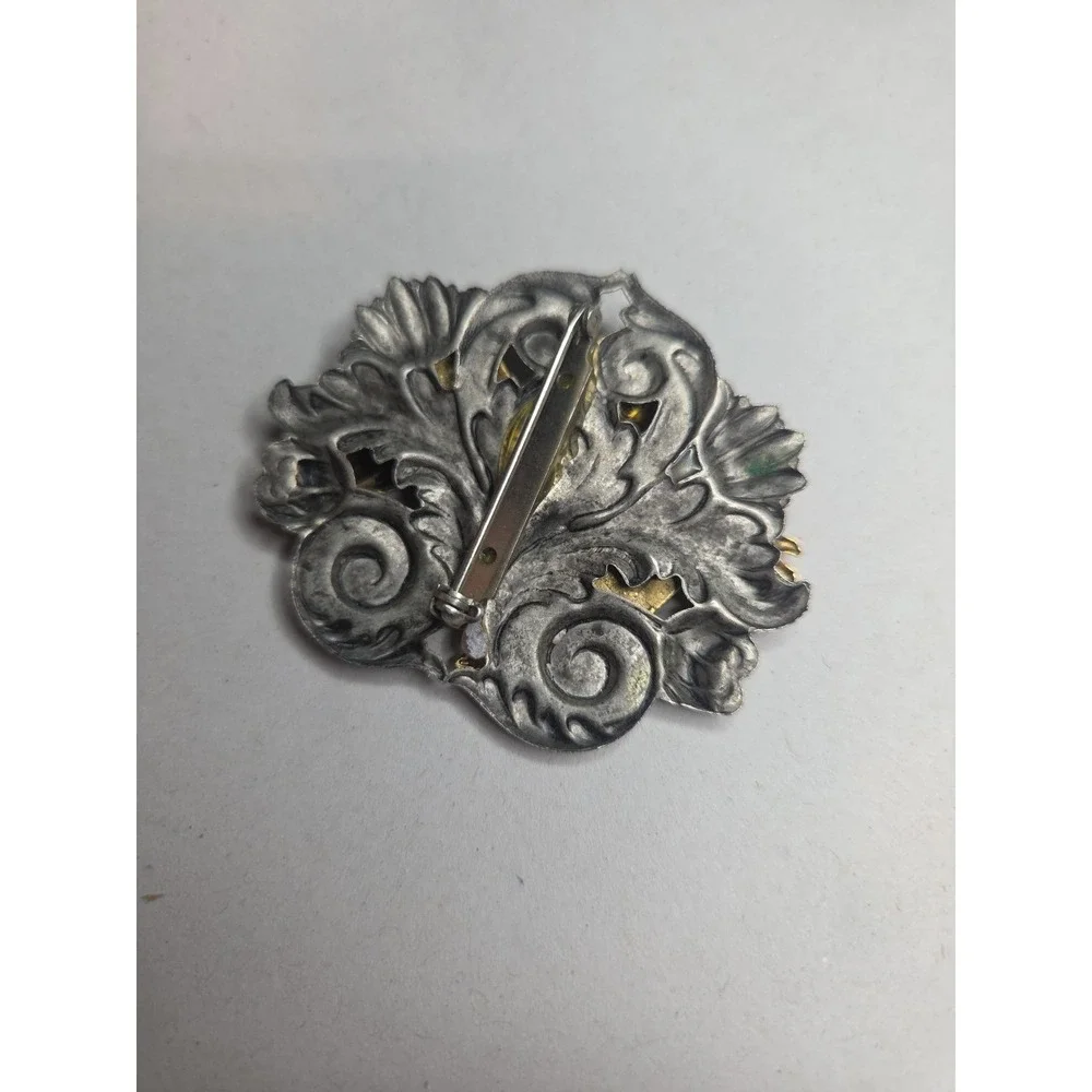 Vintage Cherub Brooch Silver And Gold Tone Pin Victorian Style Nouveau Jewlery